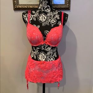 Pink Plunge embroidered bra w/ open back thong skirt